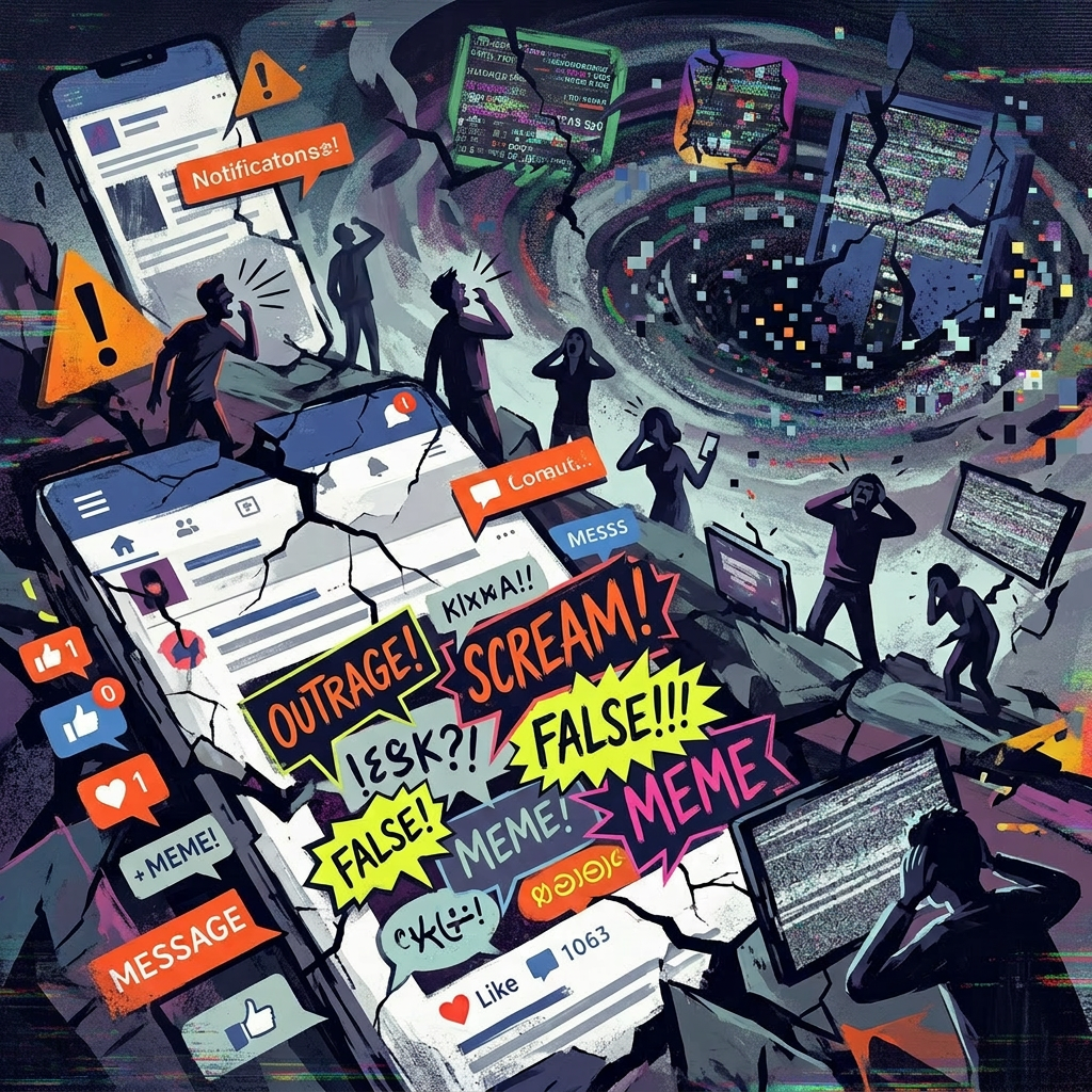 People overwhelmed by social media notifications with broken platforms and alarming messages